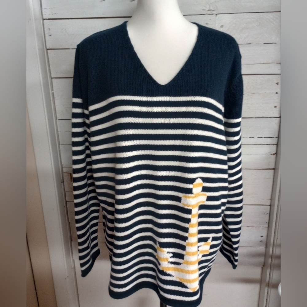 Norton Studio Nautical Coastal Striped Anchor Blue White Sweater Large *